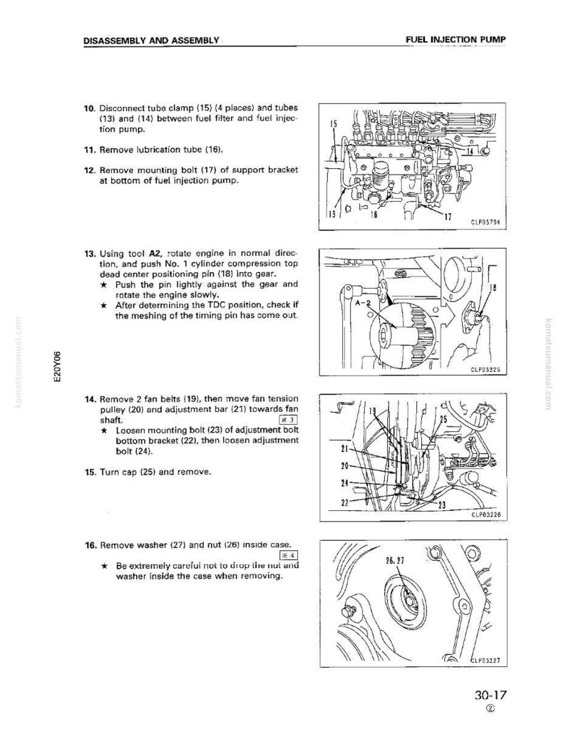 Puede incluir: Diagrama de desmontaje y montaje de una bomba de inyecci&oacute;n de combustible. La imagen incluye ilustraciones detalladas de componentes como tubos, pernos y un pasador de sincronizaci&oacute;n, cada uno etiquetado con n&uacute;meros. Se incluyen instrucciones textuales.