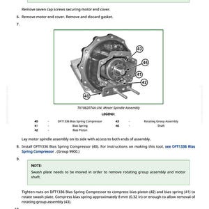 May include: Diagram of a motor spindle assembly with labeled components including a bias spring compressor, bias spring, and bias piston. The image includes text instructions for disassembly and reassembly.
