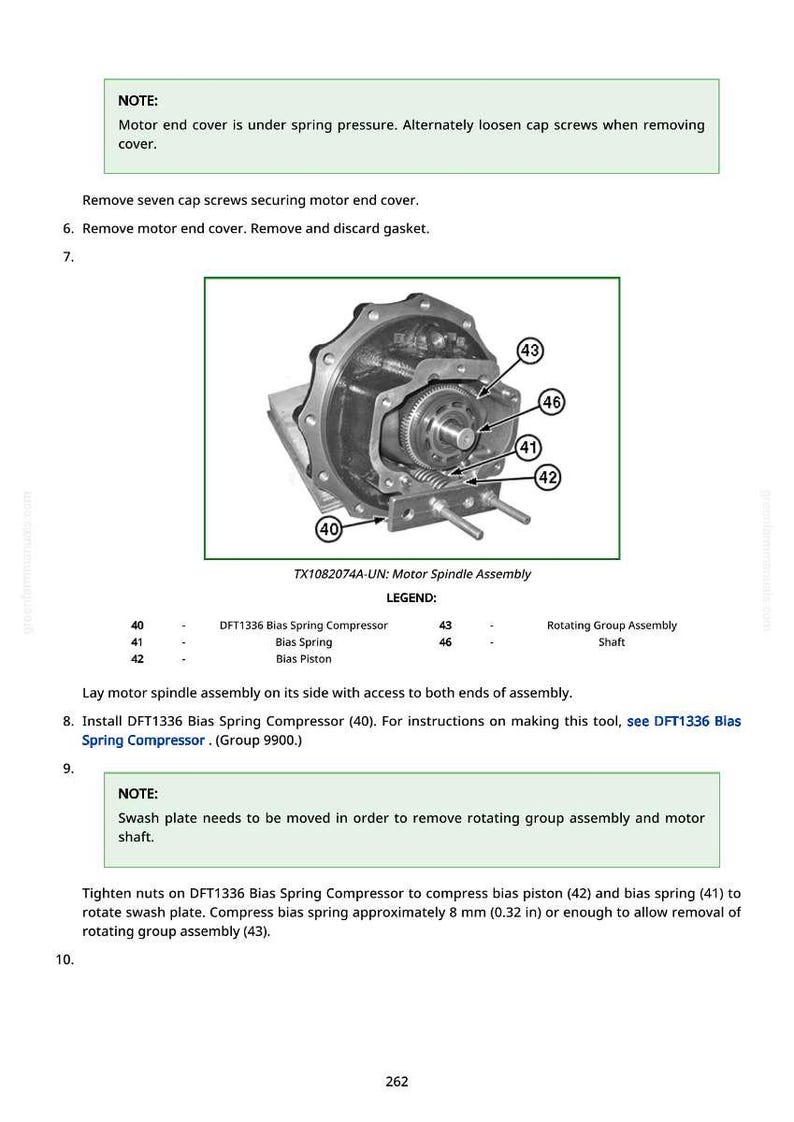 May include: Diagram of a motor spindle assembly with labeled components including a bias spring compressor, bias spring, and bias piston. The image includes text instructions for disassembly and reassembly.
