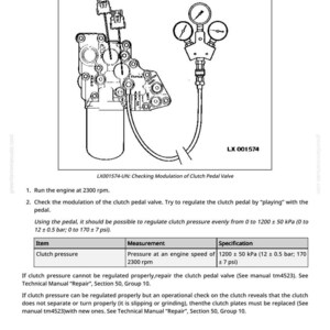 May include: Diagram of a clutch pedal valve modulation check, with gauges and mechanical components. Text includes instructions for checking clutch pressure at 2300 rpm, with measurements in kPa and psi. The image also includes the text "LX 001574".