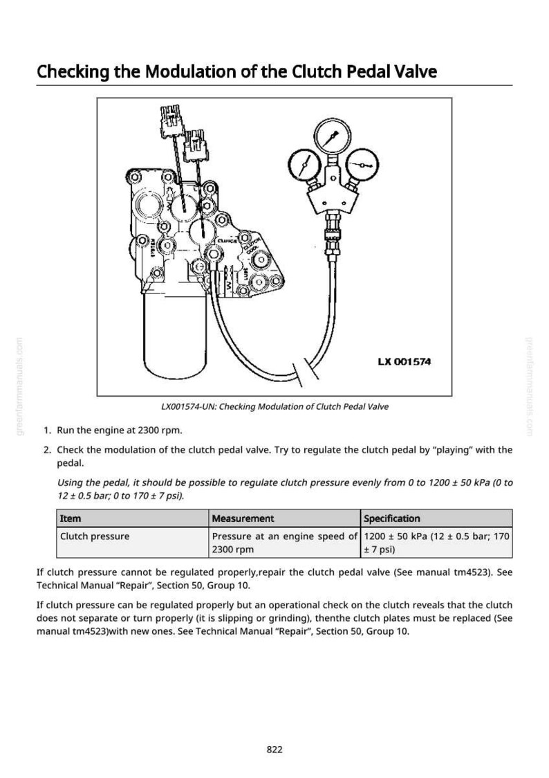 May include: Diagram of a clutch pedal valve modulation check, with gauges and mechanical components. Text includes instructions for checking clutch pressure at 2300 rpm, with measurements in kPa and psi. The image also includes the text "LX 001574".