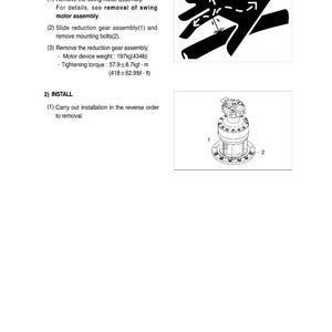 May include: Diagram of the removal and installation of a reduction gear. The image includes a diagram of a hand with arrows, and a detailed illustration of the reduction gear assembly. Text includes instructions and measurements in pounds and foot-pounds.