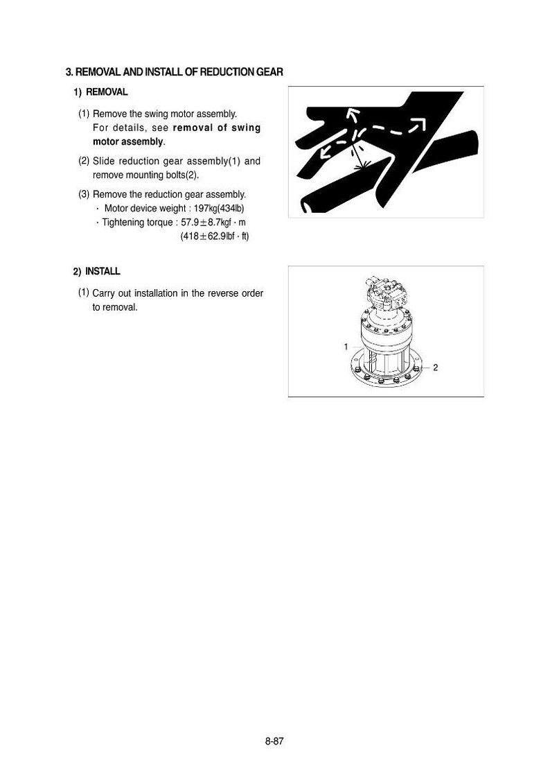 May include: Diagram of the removal and installation of a reduction gear. The image includes a diagram of a hand with arrows, and a detailed illustration of the reduction gear assembly. Text includes instructions and measurements in pounds and foot-pounds.