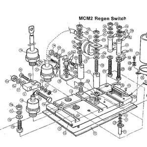 May include: Detailed technical diagram of an MCM2 Regen Switch, featuring various components like bolts, nuts, washers, and cylindrical elements. The diagram is in black and white, with labels and numbers identifying each part.