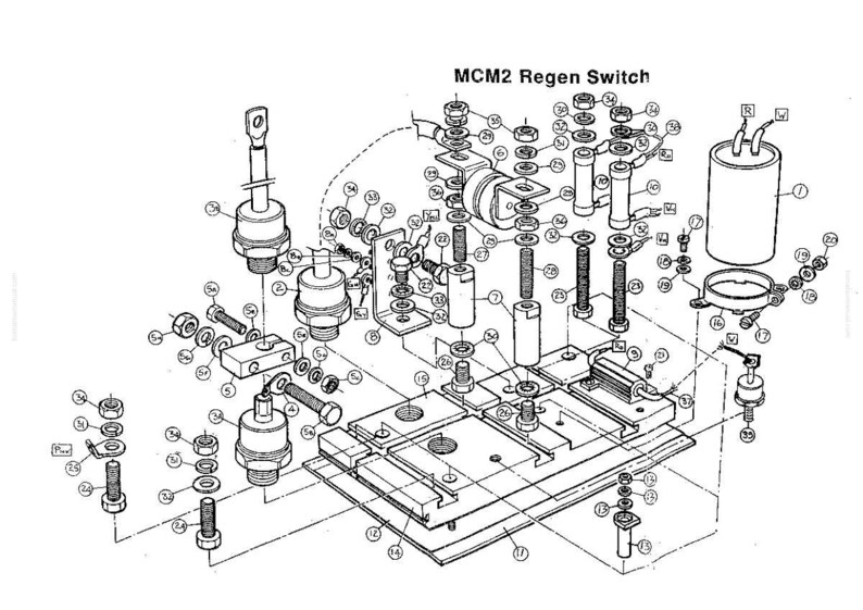 May include: Detailed technical diagram of an MCM2 Regen Switch, featuring various components like bolts, nuts, washers, and cylindrical elements. The diagram is in black and white, with labels and numbers identifying each part.
