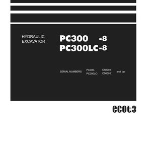 May include: A shop manual for a hydraulic excavator, with model numbers PC300-8 and PC300LC-8. The document includes serial number details and the Komatsu logo. Text is white on a black background. The manual is labeled 'Shop Manual'.