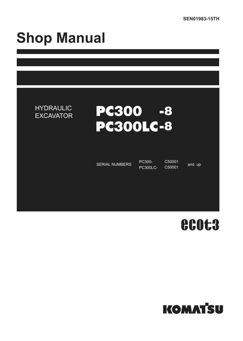 May include: A shop manual for a hydraulic excavator, with model numbers PC300-8 and PC300LC-8. The document includes serial number details and the Komatsu logo. Text is white on a black background. The manual is labeled 'Shop Manual'.