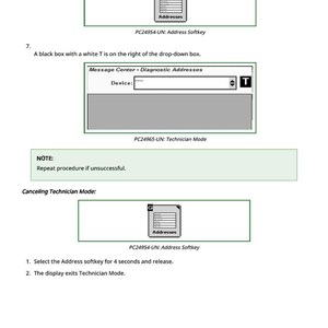 May include: A page from a manual with instructions for a device. The page includes diagrams of a screen with the text "Message Center - Diagnostic Addresses" and "Addresses". Instructions include selecting a softkey.