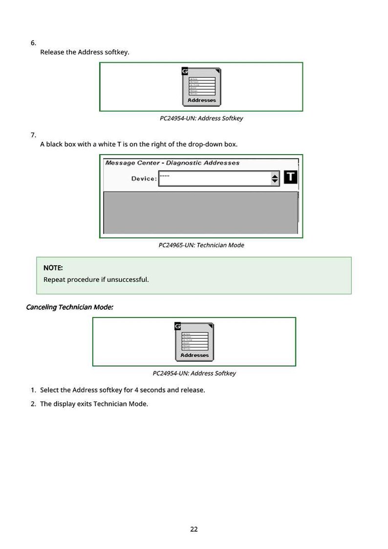 May include: A page from a manual with instructions for a device. The page includes diagrams of a screen with the text "Message Center - Diagnostic Addresses" and "Addresses". Instructions include selecting a softkey.