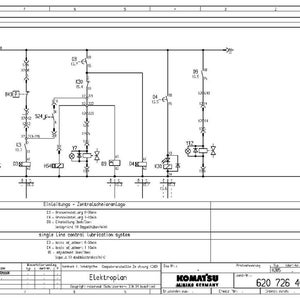 Puede incluir: Un diagrama t&eacute;cnico con l&iacute;neas y s&iacute;mbolos negros sobre fondo blanco. El diagrama incluye texto en alem&aacute;n e ingl&eacute;s, y el logotipo de Komatsu. Es un esquema el&eacute;ctrico para un sistema de lubricaci&oacute;n.