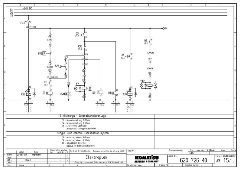 Puede incluir: Un diagrama t&eacute;cnico con l&iacute;neas y s&iacute;mbolos negros sobre fondo blanco. El diagrama incluye texto en alem&aacute;n e ingl&eacute;s, y el logotipo de Komatsu. Es un esquema el&eacute;ctrico para un sistema de lubricaci&oacute;n.