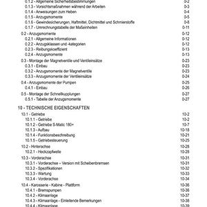 Pu&ograve; includere: Indice in tedesco di un manuale tecnico. Il documento elenca sezioni su istruzioni di sicurezza, specifiche tecniche e componenti come trasmissioni, assali e sistemi di climatizzazione.
