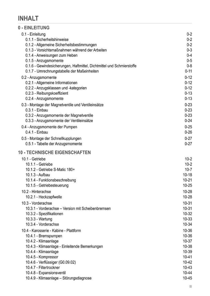 Pu&ograve; includere: Indice in tedesco di un manuale tecnico. Il documento elenca sezioni su istruzioni di sicurezza, specifiche tecniche e componenti come trasmissioni, assali e sistemi di climatizzazione.