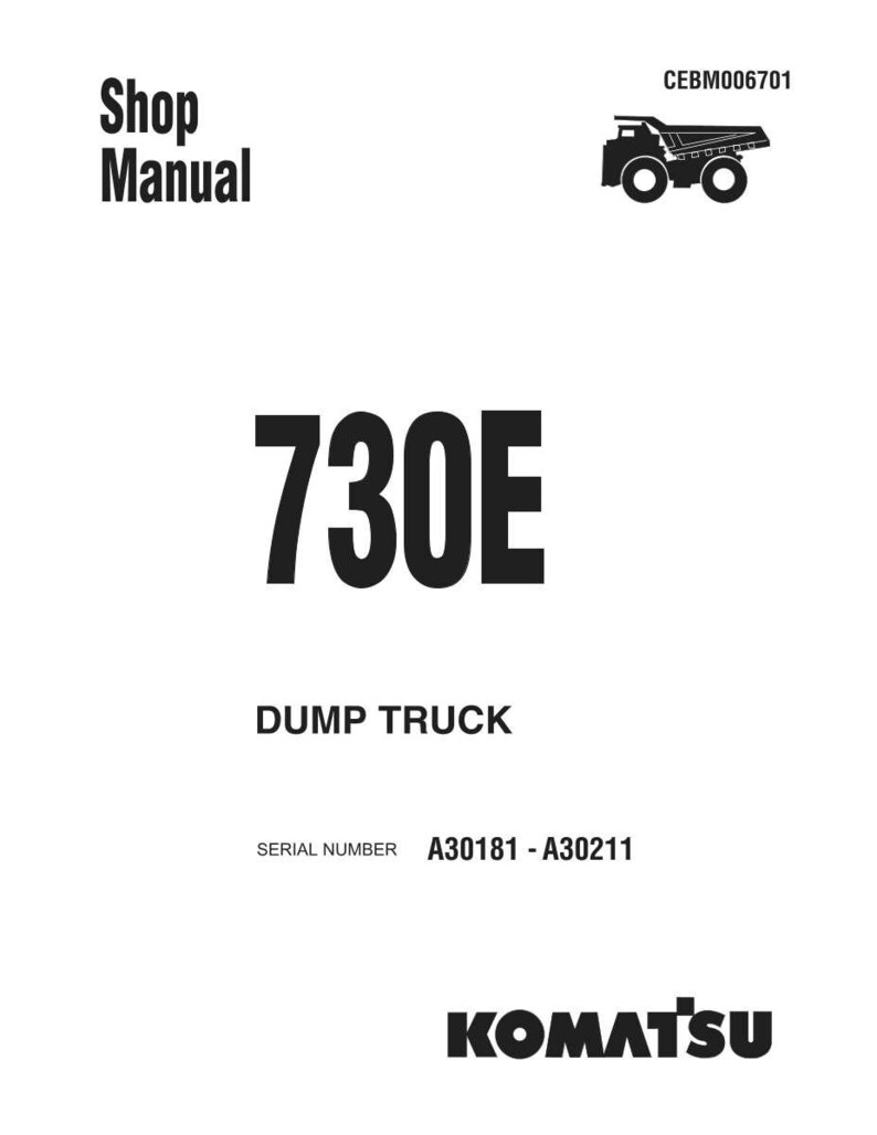 May include: A white shop manual cover with the text "Shop Manual" and "730E DUMP TRUCK". Includes a black illustration of a dump truck and the Komatsu logo. Serial numbers A30181 - A30211 are also listed.
