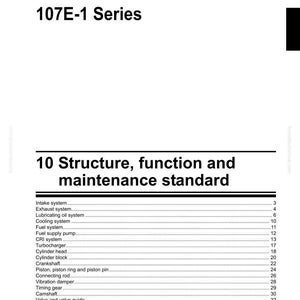 May include: Shop manual page for the 107E-1 Series engine. The page includes a table of contents with sections on the intake system, exhaust system, and other engine components.