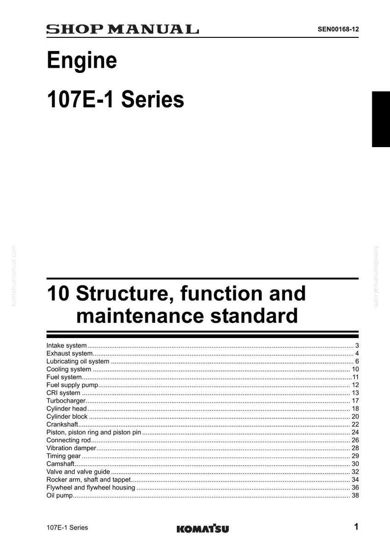 May include: Shop manual page for the 107E-1 Series engine. The page includes a table of contents with sections on the intake system, exhaust system, and other engine components.