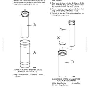 May include: Diagram of a disassembly and assembly process, featuring cylindrical components labeled 1, 2, and 3. The image includes text instructions and figures for removing and installing parts, with labels like "First & Second Stage Removal & Installation."