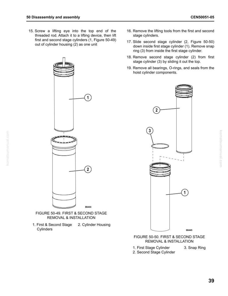 May include: Diagram of a disassembly and assembly process, featuring cylindrical components labeled 1, 2, and 3. The image includes text instructions and figures for removing and installing parts, with labels like "First & Second Stage Removal & Installation."