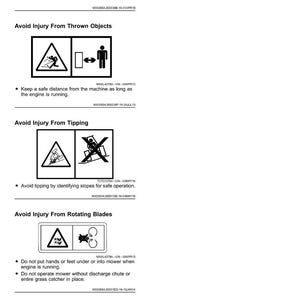 May include: A page of safety labels with black and white pictograms. The labels warn against hazards like thrown objects, tipping, and rotating blades. The text provides safety instructions for machinery operation.