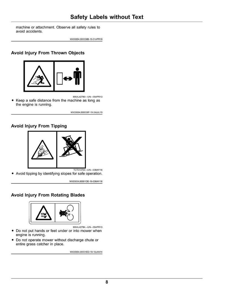 May include: A page of safety labels with black and white pictograms. The labels warn against hazards like thrown objects, tipping, and rotating blades. The text provides safety instructions for machinery operation.