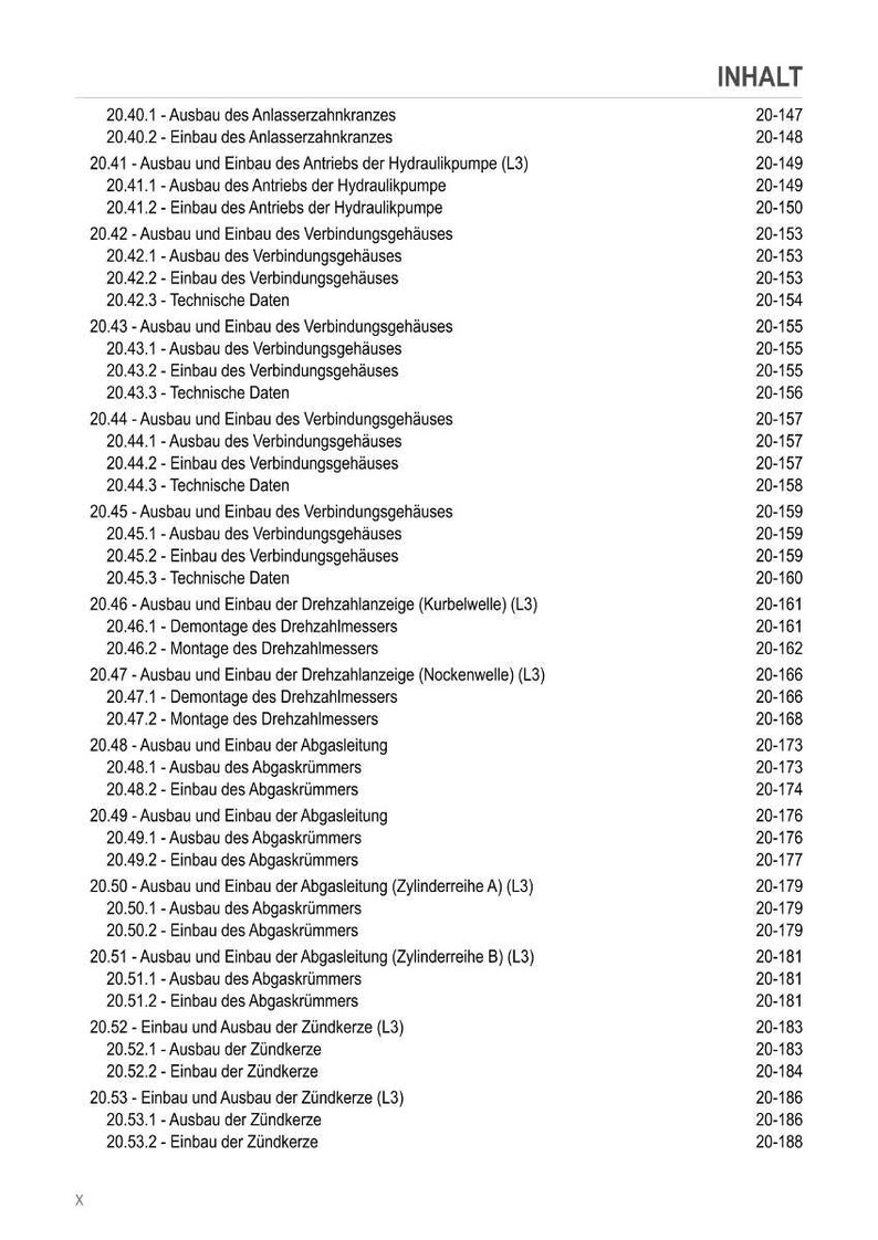 Puede incluir: Una p&aacute;gina de manual t&eacute;cnico con un &iacute;ndice en alem&aacute;n. El documento enumera varios procedimientos, incluido el desmontaje y la instalaci&oacute;n de componentes del motor, con los n&uacute;meros de p&aacute;gina correspondientes.