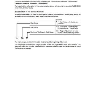 Pode incluir: P&aacute;gina de um manual de servi&ccedil;o com o t&iacute;tulo "Manual de Servi&ccedil;o". O texto explica a estrutura do manual, com exemplos de Grupo Principal, Subgrupo e N&uacute;meros de P&aacute;gina. O logotipo da LIEBHERR &eacute; exibido na parte inferior da p&aacute;gina.