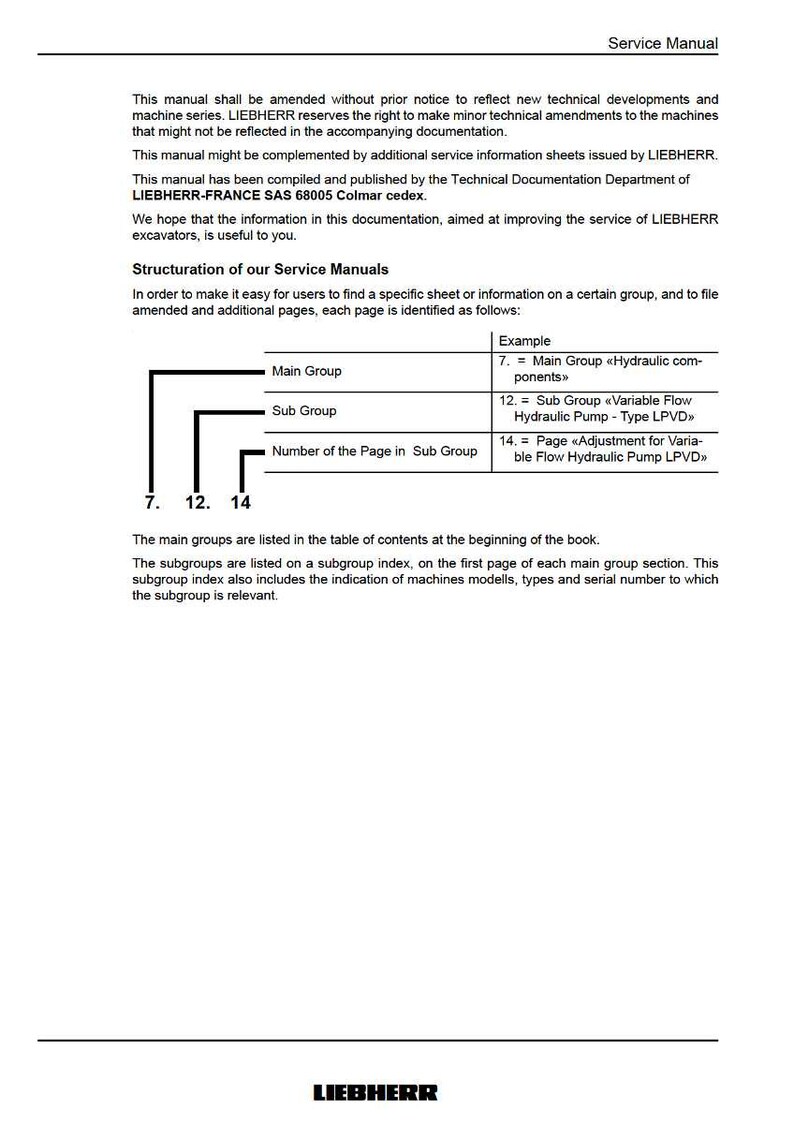 Pode incluir: P&aacute;gina de um manual de servi&ccedil;o com o t&iacute;tulo "Manual de Servi&ccedil;o". O texto explica a estrutura do manual, com exemplos de Grupo Principal, Subgrupo e N&uacute;meros de P&aacute;gina. O logotipo da LIEBHERR &eacute; exibido na parte inferior da p&aacute;gina.