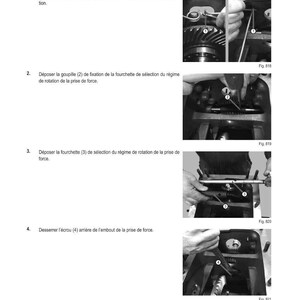 May include: Diagram of mechanical components with step-by-step instructions. Text in French details the removal of parts, including a purge tube, cotter pin, fork, and nut. Figures 818, 819, 820, and 821 illustrate the process.