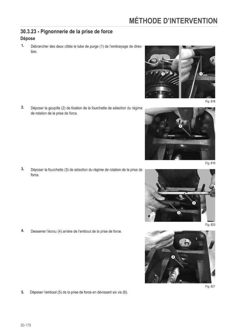 May include: Diagram of mechanical components with step-by-step instructions. Text in French details the removal of parts, including a purge tube, cotter pin, fork, and nut. Figures 818, 819, 820, and 821 illustrate the process.