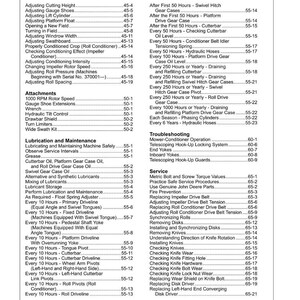 May include: A detailed table of contents from a manual, likely for agricultural equipment. The pages are filled with lists of maintenance procedures, adjustments, and troubleshooting steps, with page numbers for easy reference. The document is printed on white paper.