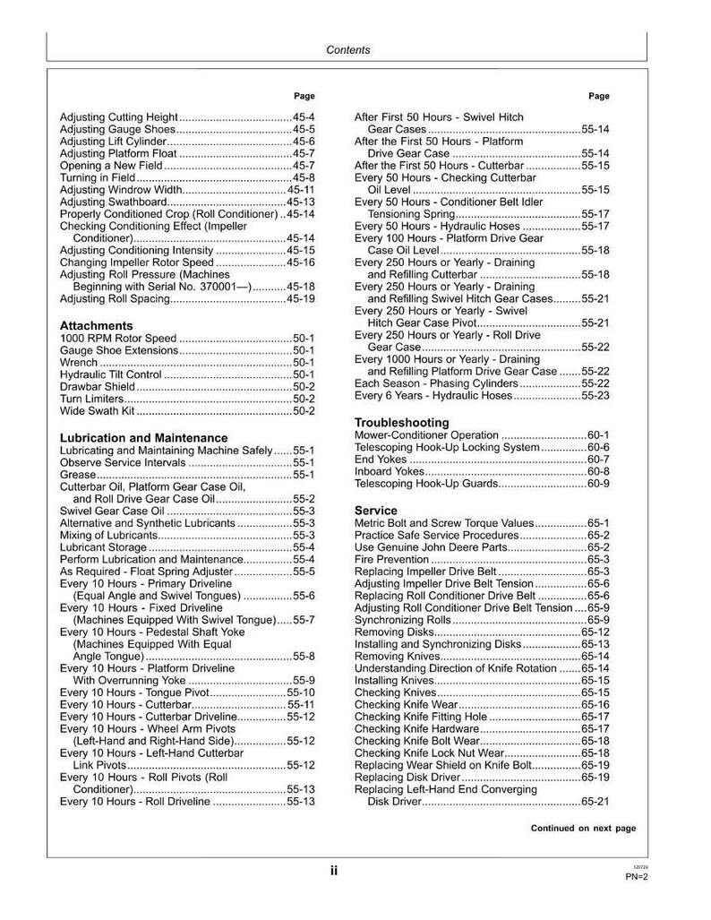 May include: A detailed table of contents from a manual, likely for agricultural equipment. The pages are filled with lists of maintenance procedures, adjustments, and troubleshooting steps, with page numbers for easy reference. The document is printed on white paper.