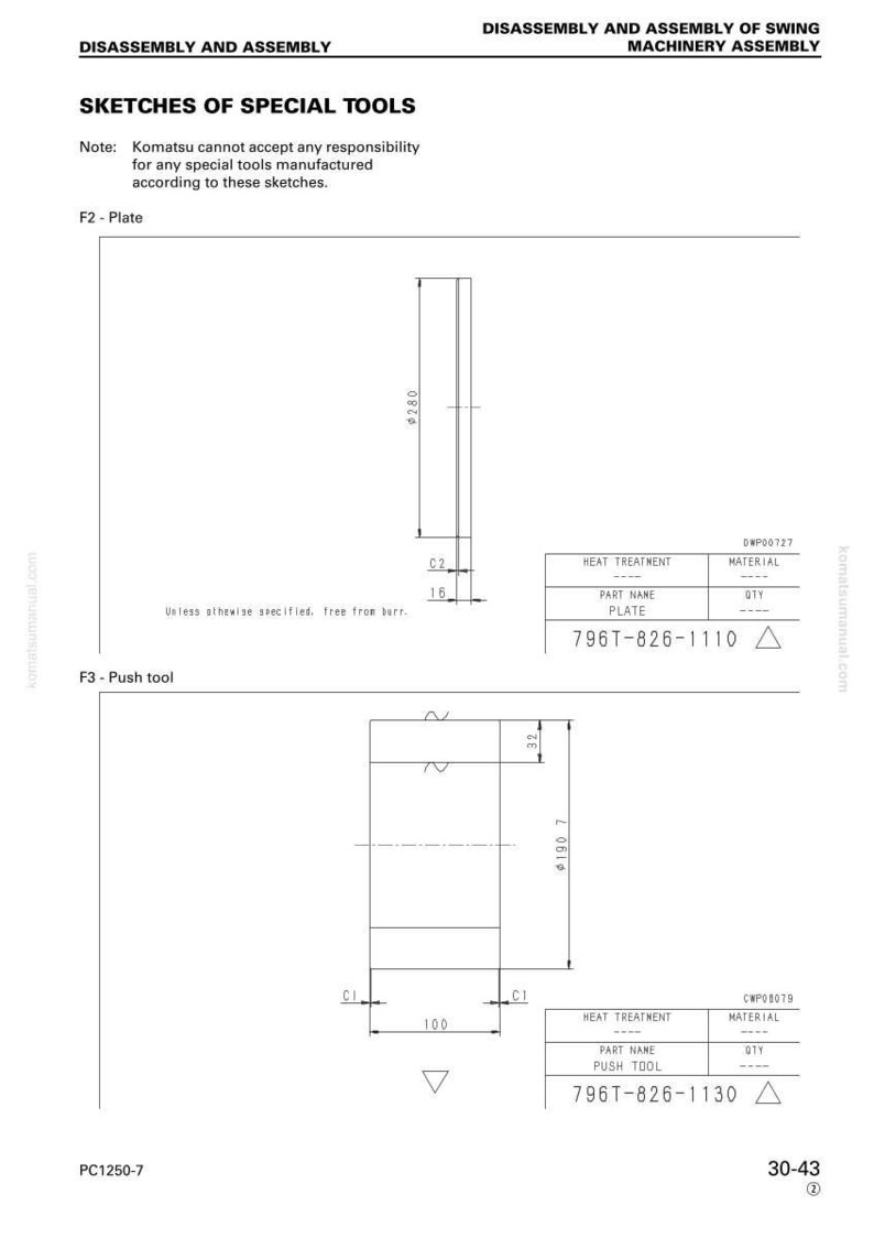May include: Technical drawing of special tools for machinery assembly. Includes detailed sketches of a plate with a diameter of 280 mm and a push tool with dimensions. The drawing also includes part numbers and material specifications.