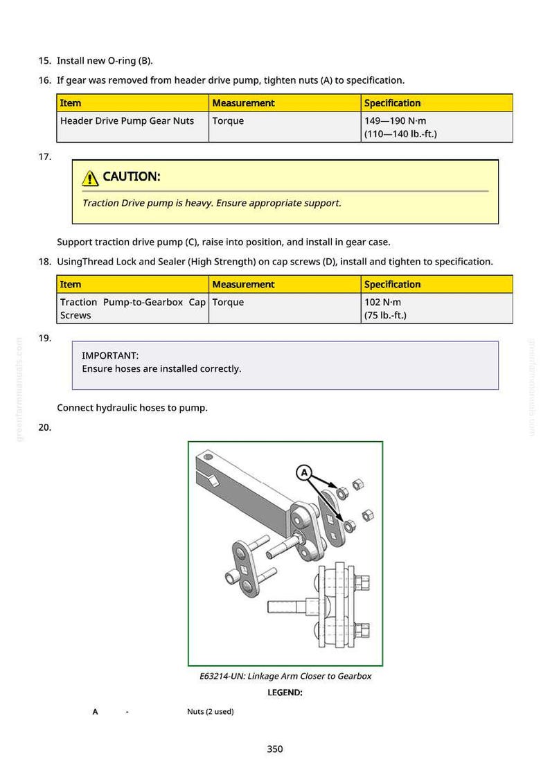 May include: Diagram of mechanical components with labels and specifications. Includes a linkage arm, nuts, and other parts. Text provides torque specifications in lb.-ft. and N-m for tightening various components.