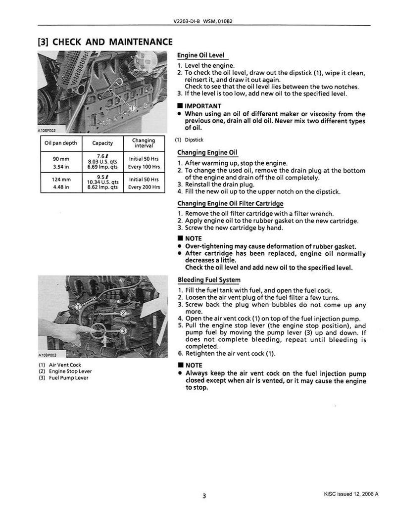 Puede incluir: P&aacute;gina de un manual de mantenimiento con instrucciones para verificar el nivel de aceite del motor, cambiar el aceite y purgar el sistema de combustible. Incluye diagramas y especificaciones.