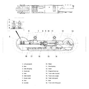 May include: Detailed technical diagram of an undercarriage, labeled with various components like lift spring bolts, idlers, and track rollers. The diagram is in black and white, with text labels and numbers for each part. The image also includes the text "UNDERCARRIAGE" and "STRUCTURE AND FUNCTION".