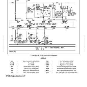 May include: A detailed schematic diagram illustrating the turn signals and hazard warning lights of a vehicle. The diagram includes labels for fuses, switches, and signal lights, with a legend explaining the abbreviations. The text "SE16e BCU - BASIC CONTROL UNIT" is also present.