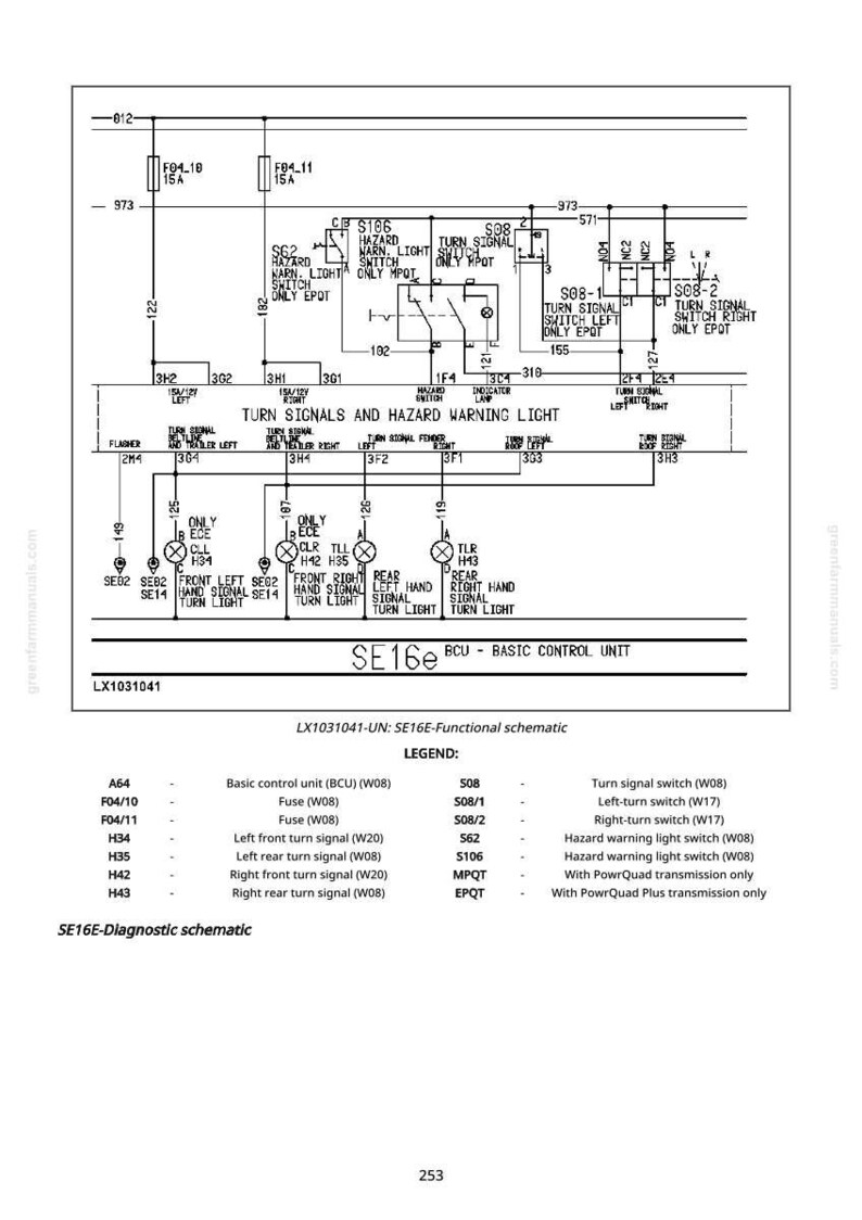 May include: A detailed schematic diagram illustrating the turn signals and hazard warning lights of a vehicle. The diagram includes labels for fuses, switches, and signal lights, with a legend explaining the abbreviations. The text "SE16e BCU - BASIC CONTROL UNIT" is also present.