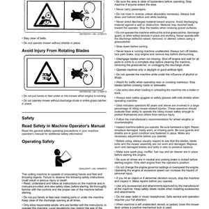 May include: Safety instructions for a lawn mower, featuring warning symbols about rotating blades and belts. Includes text about safe operation, avoiding injury, and reading the operator's manual. Page 5.