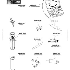 May include: A technical illustration showing a range of tools and equipment, such as a hydraulic tester, pressure checking device, inflation kit, and grease cartridge. Also includes a nitrogen pressure reducer and rust protector wax. Each item is labelled.