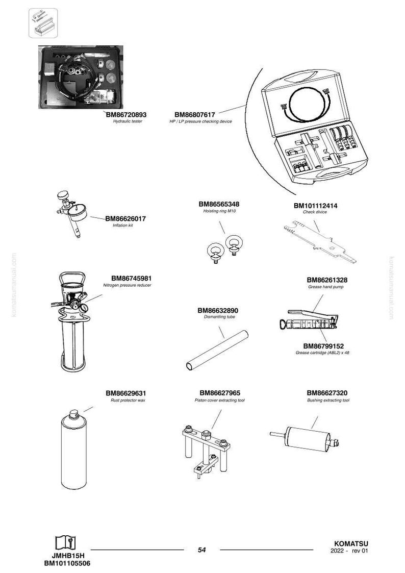 May include: A technical illustration showing a range of tools and equipment, such as a hydraulic tester, pressure checking device, inflation kit, and grease cartridge. Also includes a nitrogen pressure reducer and rust protector wax. Each item is labelled.