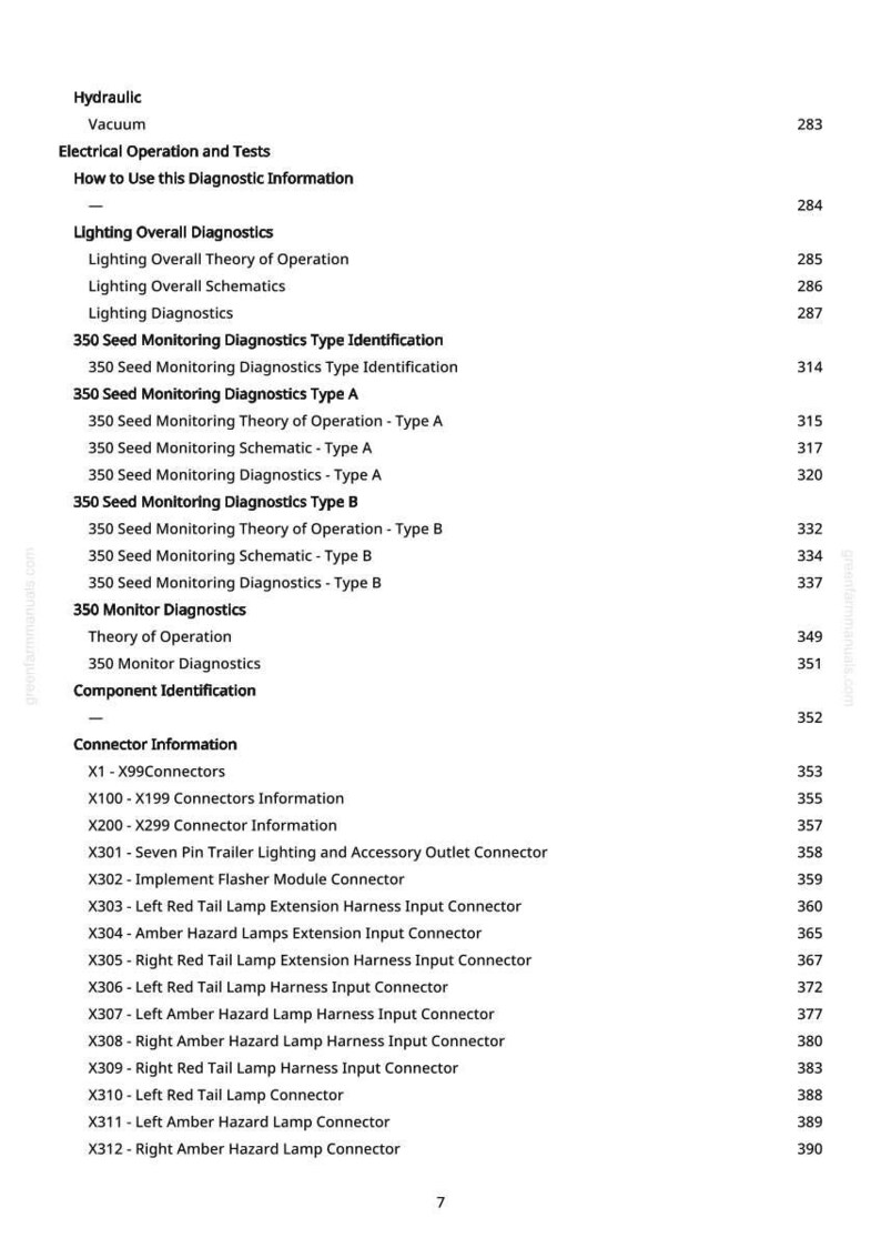 May include: A white page with black text detailing diagnostic information, including sections on lighting, connectors, and monitoring systems. Page numbers are visible on the right side.