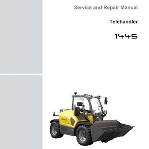 Puede incluir: Imagen de un manipulador telesc&oacute;pico Kramer 1445 amarillo, un veh&iacute;culo de construcci&oacute;n compacto. Cuenta con un cuchar&oacute;n frontal y se encuentra sobre un fondo blanco. Tambi&eacute;n incluye el texto "Service and Repair Manual".