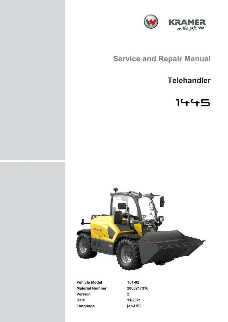 Puede incluir: Imagen de un manipulador telesc&oacute;pico Kramer 1445 amarillo, un veh&iacute;culo de construcci&oacute;n compacto. Cuenta con un cuchar&oacute;n frontal y se encuentra sobre un fondo blanco. Tambi&eacute;n incluye el texto "Service and Repair Manual".