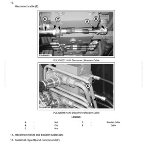 Op de afbeelding: Diagram van mechanische componenten met tekstinstructies. Bevat close-up afbeeldingen van moeren, bouten en kabels. De tekst luidt "Selectieve regelkleppen opnieuw installeren" en "Bowdenkabel loskoppelen".