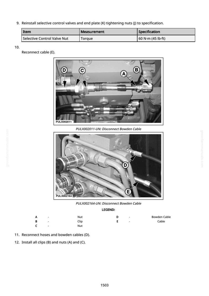 Op de afbeelding: Diagram van mechanische componenten met tekstinstructies. Bevat close-up afbeeldingen van moeren, bouten en kabels. De tekst luidt "Selectieve regelkleppen opnieuw installeren" en "Bowdenkabel loskoppelen".