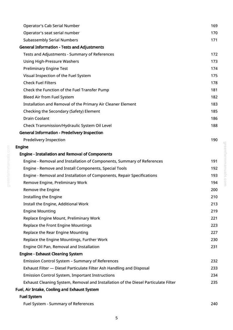 May include: A page from a manual with a table of contents. The text includes sections on engine components, fuel systems, and exhaust cleaning. The page number is 5.