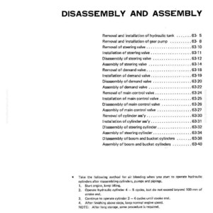 Pode incluir: Uma p&aacute;gina branca com o t&iacute;tulo "DISASSEMBLY AND ASSEMBLY" em texto preto em negrito. A p&aacute;gina cont&eacute;m uma lista de procedimentos, como "Removal and installation of hydraulic tank" e "Assembly of boom and bucket cylinders".