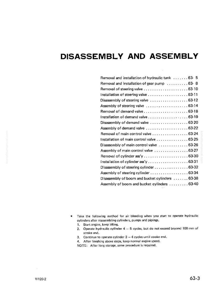 Pode incluir: Uma p&aacute;gina branca com o t&iacute;tulo "DISASSEMBLY AND ASSEMBLY" em texto preto em negrito. A p&aacute;gina cont&eacute;m uma lista de procedimentos, como "Removal and installation of hydraulic tank" e "Assembly of boom and bucket cylinders".