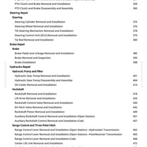 Puede incluir: Una p&aacute;gina del manual greenfarmmanuals.com, que enumera varios procedimientos de reparaci&oacute;n e instalaci&oacute;n para un veh&iacute;culo. Las secciones incluyen Direcci&oacute;n, Freno, Hidr&aacute;ulica, Rockshaft y Control de Rango, con n&uacute;meros de p&aacute;gina.