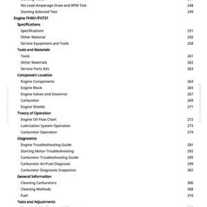 Pu&ograve; includere: Un sommario dettagliato di un manuale, con sezioni sulla riparazione e manutenzione del motore. Gli argomenti includono componenti del motore, funzionamento del carburatore e guide alla risoluzione dei problemi. I numeri di pagina sono elencati a destra.